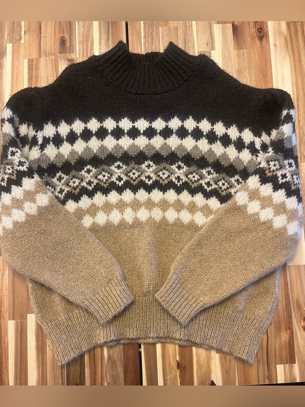 H&M Turtleneck Fair Isle Sweater in Tan, Brown, Cream, and Gray